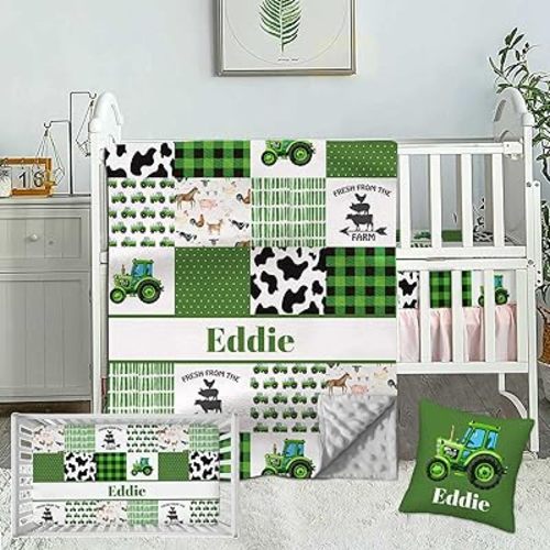 Personalized Name Crib Bedding Set for Baby Boys, Custom 3 Piece Farm Theme Baby Boy Crib Sets, Minky Dotted Backing Blanket, Fitted Sheet, Pillowcase, Nursery Crib Set for Newborn Toddler Infant