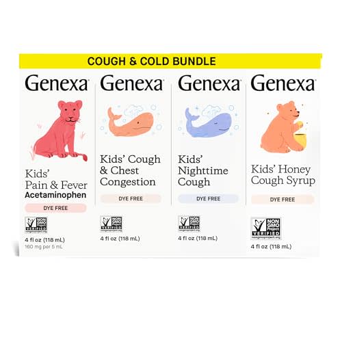 Genexa Kids' Clean Cough Medicine & Honey Cough Syrup, Pain & Fever Reducer Value 4-Pack, Dye Free, 0% Artificial Additives, Cough Care for Children, Fever & Pain Reliever, 16 fl oz (4 Bottles)
