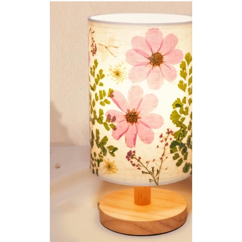 Dried Flowers Table Lamp 5W LED 3-color Pressed Flower Bedside Lamp Linen Shade Table Lamp with Wood Base for Bedroom Living Room Desk Office
