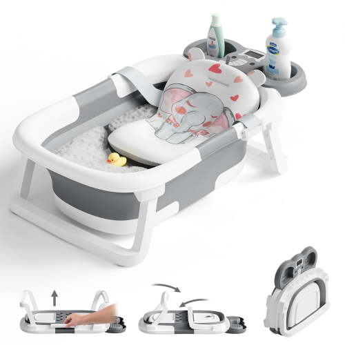 Tumajup Foldable Baby Bathtub Elephant PP+TPE with Soft Cushion&Thermometer for 0-36 Months Toddler Gray
