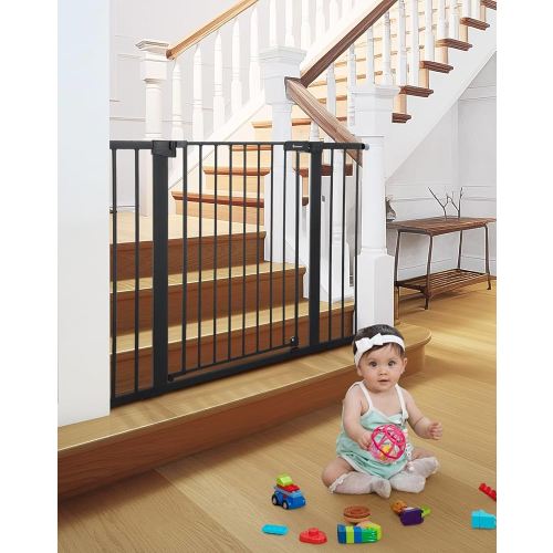COMOMY 36" Extra Tall Baby Gate for Stairs Doorways, Fits Openings 29.5" to 46" Wide, Auto Close Extra Wide Dog Gate for House, Pressure Mounted Easy Walk Through Pet Gate with Door, Black
