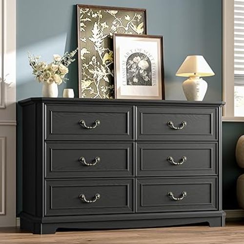 Farmhouse Dresser for Bedroom with 6 Drawer, 48" Wide Rustic Chest of Drawers with Metal Handle, Wood Vintage Dresser TV Stand, Wooden Closet Storage Dressers Organizer for Living Room, Hallway, Black
