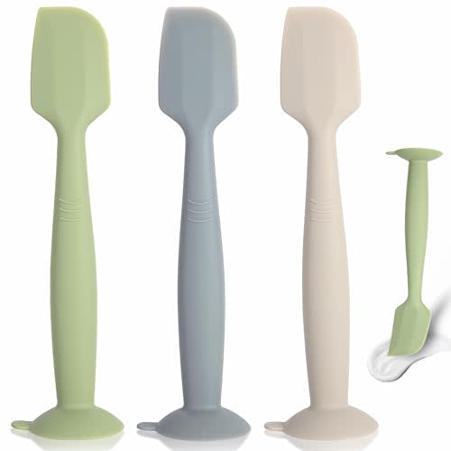 MAIKKB Baby Diaper Cream Spatula 3 Pack Diaper Spatula Soft Silicone Diaper Cream Applicator Baby Butt Paste Spatula Brush with Suction Base,Full Size(Gray+Off-white+Green)