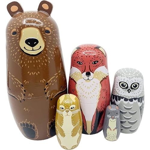 Cute Animal Nesting Dolls - Brown Bear Fox Owl Rabbit Raccoon Matryoshka Doll Handmade Wooden Dolls for Children Christmas Birthday Decoration Halloween Wishing Gift,Set of 5