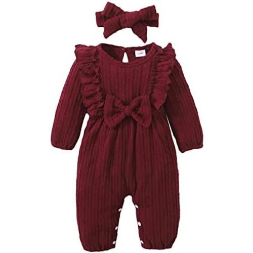 Happy Town Baby Girl Romper Infant Fall Winter Clothes Ruffle Sweater Long Sleeve Bodysuit Jumpsuit and Headband