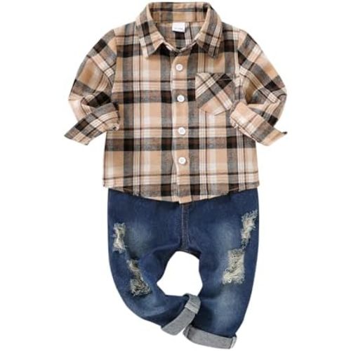 2Pcs Baby Boys Girls Toddler Kids Red Plaid Flannel Shirt Elastic Waist Ripped Holes Soft Jeans Outfit Set