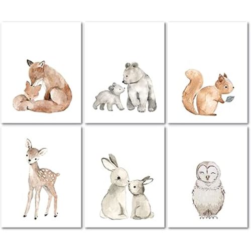Lambs & Ivy Watercolor Woodland Animals 6-Piece Unframed Nursery Wall Art Decor