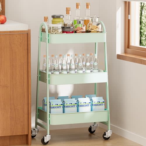 DUMOS 3 Tier Metal Rolling Storage Cart with Lockable Wheels, Mobile Shelving Unit Utility Rolling Organizer for Office, Bathroom, Kitchen, Laundry Room & Narrow Places, Green