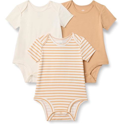 Amazon Essentials x Sofia Grainge Unisex Babies' Short Sleeve Crewneck Bodysuit, Pack of 3, Ivory/Light Camel/Stripe, 3-6 Months
