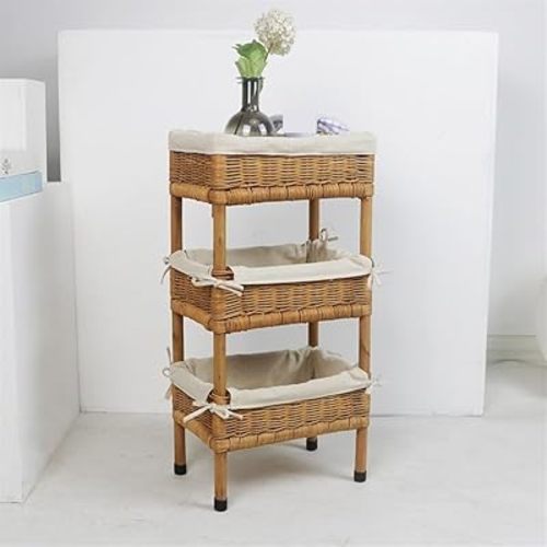 Handmade Rattan Shelving Unit, 3 Tier Boho Farmhouse Organizer, Ladder Bookshelf for Living Room, Bedroom, Kitchen(Brown+White,30 * 20 * 60CM)