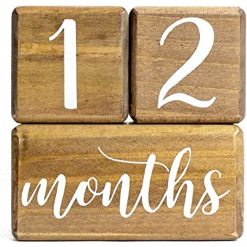 Premium Solid Wood Baby Milestone Age Blocks + Gift Box | Brown Walnut Stained Natural Pine | Weeks Months Years Grade Newborn Photo Props | Perfect Pregnancy Gift and Keepsake, Month Photos