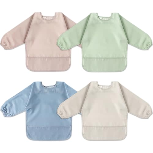 POIKSHARK 4 Pack Long Sleeve Bib, Waterproof Sleeved Smock for Baby Boy or Girl, Toddler Full Sleeve Bib Outfit, Reusable Bib with Pocket, Fits Ages 6-24 Months