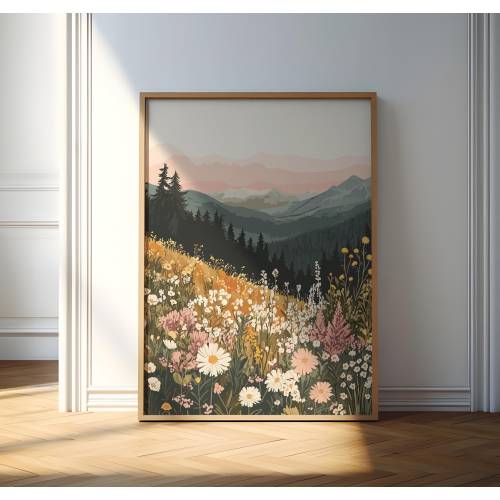 Mountain Sunset Poster, Wildflower Landscape Print, Midcentury Modern Wall Art, Boho Artful Floral Art, Living Room Decor, Flowers Drawing