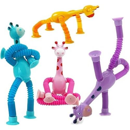 4 Pieces Pop Tubes Sensory Toys Giraffe Fidget Tubes Pack Telescopic Suction Cup Toys Fidget Toys for Kids (Giraffe)