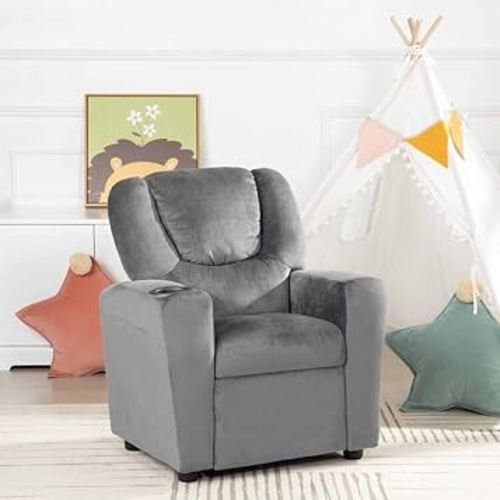 Naomi Home Suri Push Back Kids Recliner Chair with Footrest & Cup Holders, Push Back Toddler Recliner with Cup Holder, PVC Kids' Recliners for Age 3+, Kid Recliners for Girls Boys - Gray