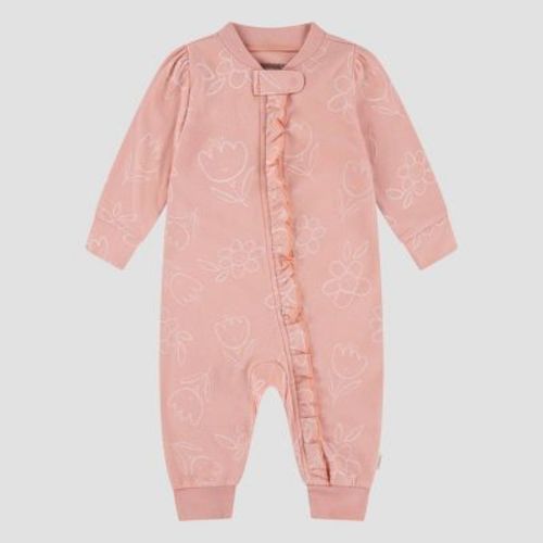 Huggies Baby Girls' Floral Romper - Pink 9M: Organic Cotton, Lightweight Knit, Long Sleeve, Button Down