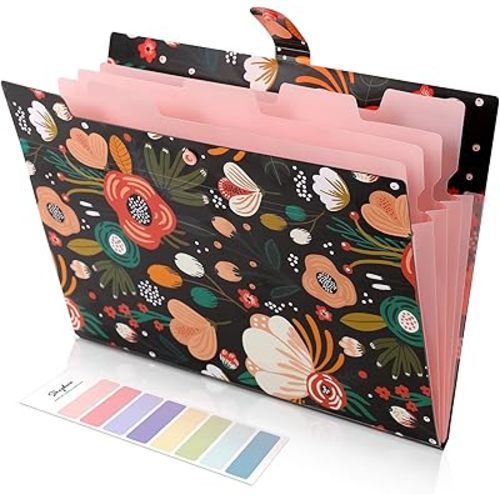 SKYDUE Expanding File Folder with 5 Pockets, Floral Accordion File Organizer for Important Document, Portable Receipt Paper Organizer, School Office Supplies Black
