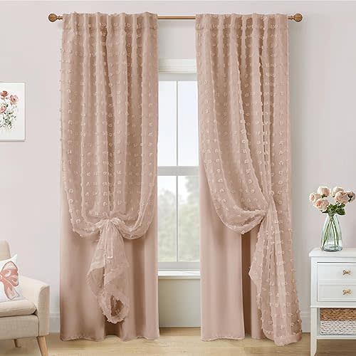 Neutral Peach Blush Pink Curtains for Baby Nursery Girl,Blackout Tufted Floral Embroidered Sheer Boho Nude Dusty Rose Curtains for Bedroom 2 Panels 84 Inches Long