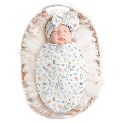 Konssy Baby Girl Newborn Receiving Blanket with Headband Set Baby Swaddle Nursery Swaddle Wrap