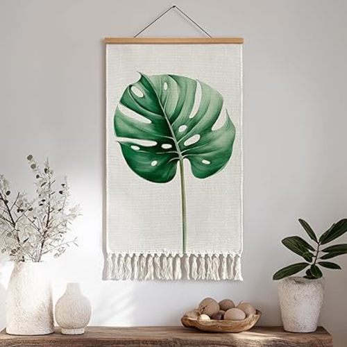 JveeLinn Monstera Leaf Wall Hanging Tapestry with Tassels, Botanical Wall Decor, Aesthetic Green Plant Fabric Wall Art for Bedroom Living Room, Minimalist Nordic Boho Home Decor