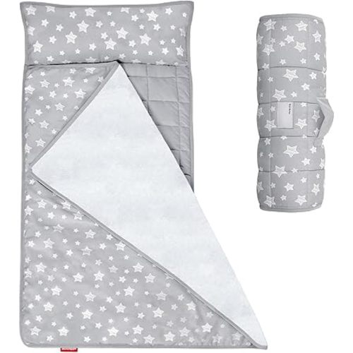 Moonsea Toddler Nap Mat with Pillow and Fleece Minky Blanket, Lightweight, Soft Perfect for Kids Preschool, Daycare, Travel Sleeping Bag Boys and Girls, 21" x 50" Fit Standard Cot