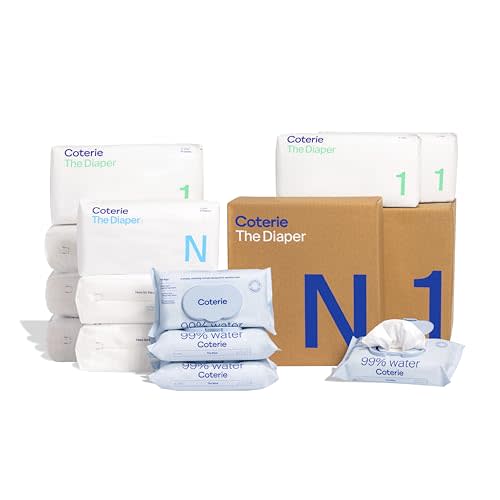 Coterie Baby Diapers + Wipes Baby Kit, Size 1 (198 Count) Size Newborn (93 Count) 4 Wipe Packs (224 Wipes) Made with Plant Derived Fibers, Hypoallergenic, for Sensitive Skin, Clean Ingredients
