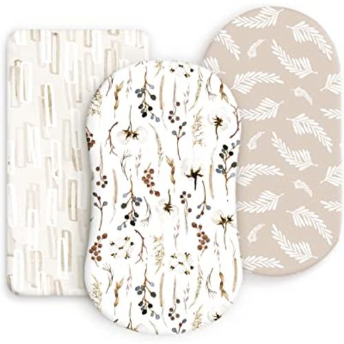 GRSSDER Stretchy Ultra Soft Fitted Bassinet Sheet Set 3 Pack, Universal Fit for Bassinets Baby Cradle Moses Basket Oval Rectangle Mattress Safe and Snug, Stylish Pretty Flora for Baby, Beige