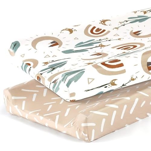 GRSSDER Stretch Ultra Soft Jersey Knit Changing Pad Cover Set 2 Pack, Change Table Pad Covers Fit 32"/34" x 16" Pads Safe and Snug, Stylish Cute Rainbow Print for Baby