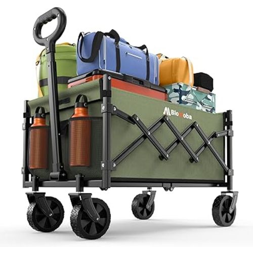 Collapsible Wagon with Wheels, 220 lbs Wagons Carts Foldable Wagon Cart with Flexible Handle, Lightweight Portable Folding Utility Grocery Shopping Cart for Grocery Sports Garden Camping, Green