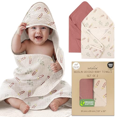 infancie 100% Organic Cotton Muslin Baby Hooded Towels 32x32 Inch – 2 Pack Soft & Absorbent Baby Hooded Towel Wrap for Boys & Girls, Premium Hooded Towels, Gentle Baby Essentials in Deep Olive/Ivory