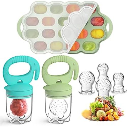 Silicone Baby Food Teether Feeder with Breastmilk Popsicle Molds Combo, BPA Free Baby Fruit Food Feeder Pacifier, Teething Popsicle for Baby 4m+, 3 Sizes Food Pouches Included