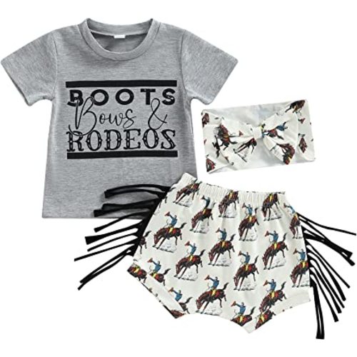 KOSUSANILL Western Baby Girl Clothes Letter Print Short Sleeve Top Shirt Cow Shorts with Headband 3PCS Summer Outfits
