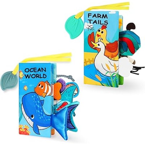 Crinkle Books for Babies, Baby Books with Teethers, Early Learning Stroller Toy, Touch and Feel Baby Books, Crinkle Toys for Baby, Baby Books 0-6 Months, Soft Books for Babies 0-12 Months - 2in1 Set