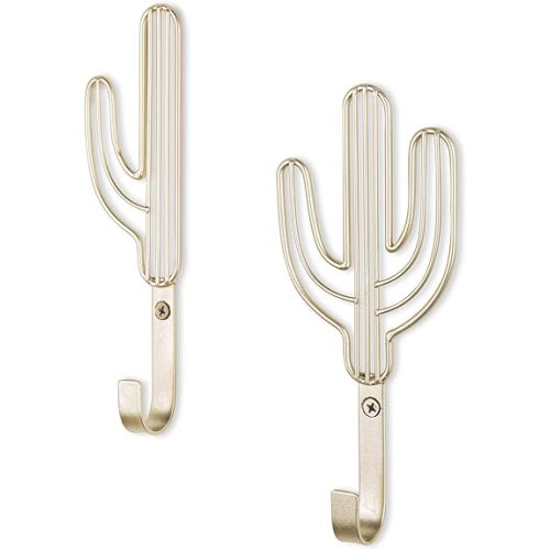 MyGift Wall Mounted Modern Brass Tone Metal Coat Hooks with Wire Saguaro Cactus Matching Shapes for Hanging Hats Coats Towels Leashes Keys, 2 Piece Set