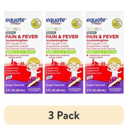 (3 pack) Equate Infants' Dye-Free Pain Reliever & Fever Reducer Acetaminophen Oral Suspension, 160 mg, Grape Flavor, Ages 2 to 3 Years, 2 fl oz, Compare to Infant's Tylenol® Oral Suspension Active Ingredient