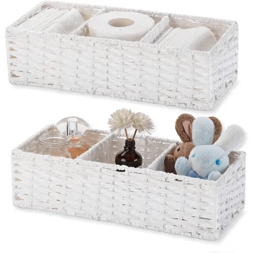 Vagusicc 3-Section Wicker Baskets for Shelves, Hand-Woven Paper Rope Wicker Storage Basket, Toilet Paper Basket for Toilet Tank Top, Baskets for Organizing Bathroom, 2-Pack, White