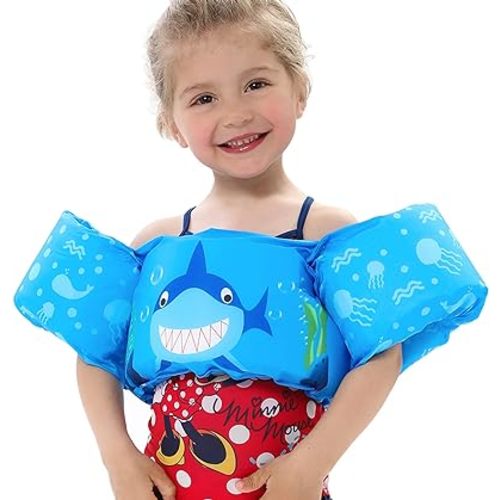 Double Couple Toddler Swim Vest with Sleeves Cartoon Adjustable Strap Swimming Jacket Pool Floaties for Kids 20-50 Pounds Boys and Girls Child