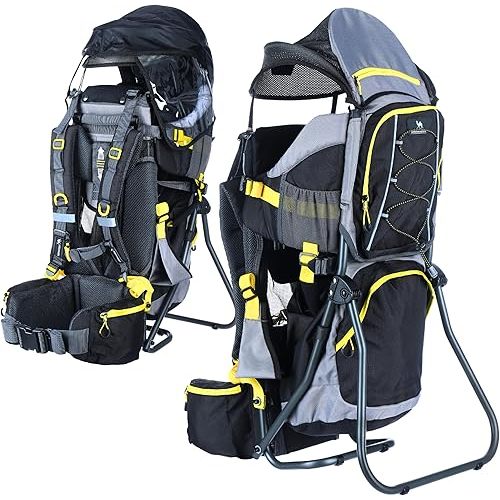 Hiking Baby Carrier – Lightweight Child Carrier Backpack with Sun Shade & Rain Cover – Insulated Storage – Padded Comfort – Adjustable Fit & Safety Harness - Yellow/Grey