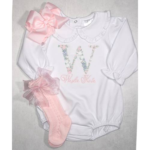 Long Sleeve Girl coming home outfit, Floral Embroidery Bubble, Light Pink Bow/Headband, Monogrammed Romper, Pima Cotton, Personalized