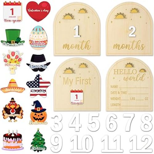25Pcs Baby Monthly Milestone Cards - R HORSE Boho Sun 3D Wooden Baby Monthly Milestone Marker Discs, Newborn Announcement Sign Festive Decor Baby Shower Easter Gift Photography Props for Boys Girls
