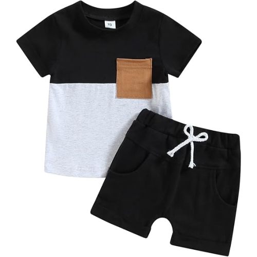 Infant Baby Boys Summer Clothes Solid Color Short Sleeve T-Shirt and Drawstring Shorts Set 2Pcs Toddler Outfits (B- Colorblock Black 2, 6-12 Months)