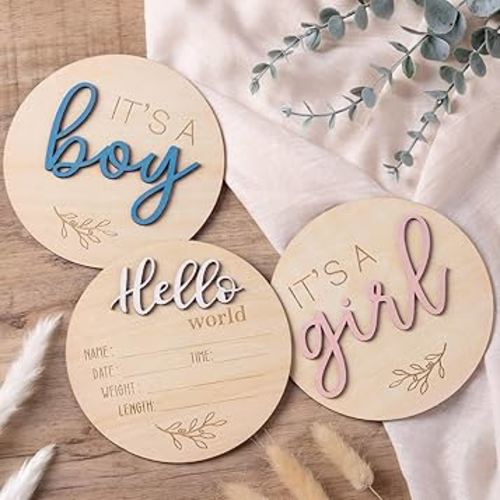 Gender Reveal Sign for Baby Birth: 3Pcs It's A Boy Girl & Hello World Announcement Sign for Hospital - Wooden Newborn Welcome Board for New Boys and Girls