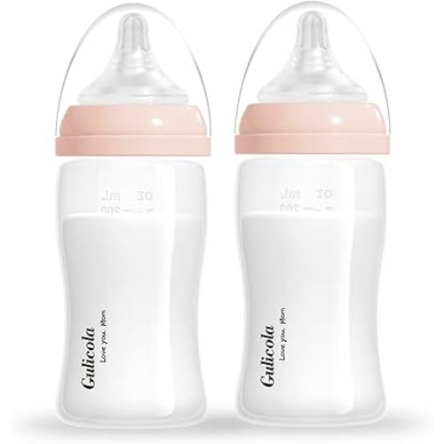 Nursing Baby Bottles Wide Neck, Newborn Breastfeeding Bottles with Extra Slow Flow Nipples (SS), 0 Months +, BPA Free PP, 7 oz & 2 Pack - Pink