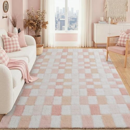 5x8 Pink Area Rug Fluffy Shag Checkered Living Room Throw Rug Washable Non-Slip Soft Pile Fuzzy Carpet for Bedroom Dorm Bathroom Dining Room Home Aesthetic Decor Office