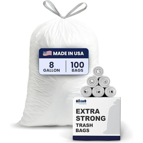 Plasticplace 8 Gallon Trash Bags: Premium White Drawstring Garbage Bag, 0.7 Mil Thickness, Durable Trash Can Liners, Garbage Bags for your Trash Can, Ring Size 22" x 22" (Pack of 100)