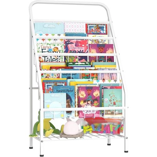 JAQ Bookshelf for Toddlers, 4-Tier Metal Kids Bookshelves Rack with Toy Storage Organizer in Bedroom Study Room Playrooms Nursery for Infants Baby Young Children (4-Tier/ 28.35inch, White)