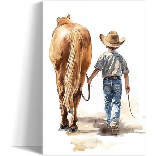 OLUNMILA Western Cowboy Wall Art Nursery Wall Decor Cowboy Boy with Horse Canvas Print Country Kids Picture Artwork for Baby Boy Bedroom Playroom Decor Framed Ready to Hang(12"x18")
