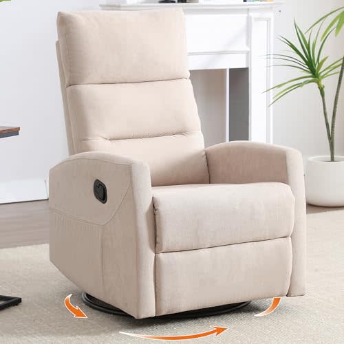 360° Swivel Rocking Chair for Nursery, Manual Glider Chair Nursing Chair with Side Pockets, Polyester Glider for Living Room, Heavy Duty Motion Mechanism, Beige