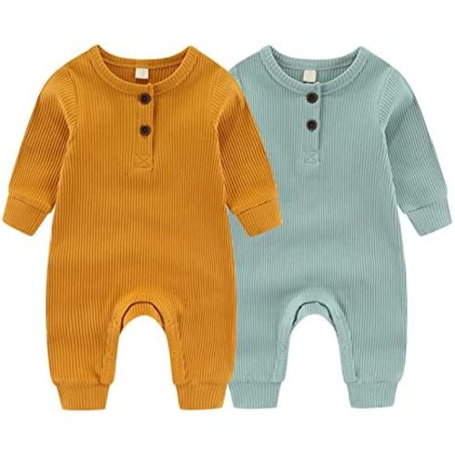 ZAV Solid Unisex Baby Boy Girl Rompers 2 Pack Long Sleeve Jumpsuits Infants Clothes Outfits