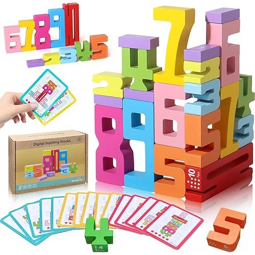 Wooden Number Building Blocks - 20Pcs Stacking for 3+ Years Old Kids, Digital Building Blocks, 1-10 Digital Blocks Toys, Balance Competition Toy, Educational Gift for Boys and Girls